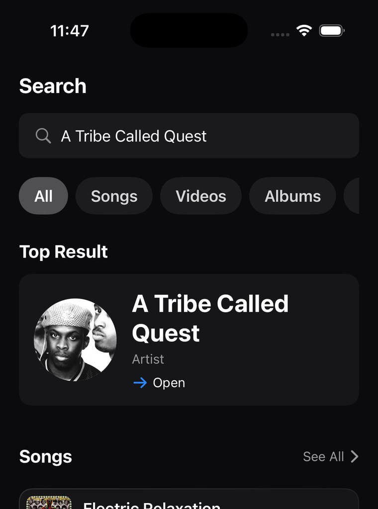 Searching for A Tribe Called Quest, with the artist as the top result and songs beneath.